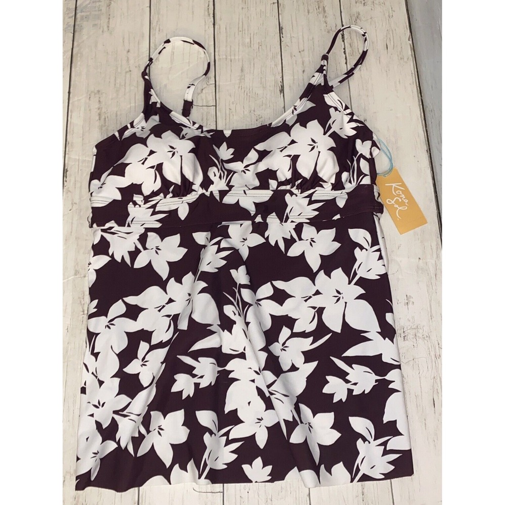 Kona Sol Bikini‎ Top Womens M Burgundy White Floral Tankini Swim Target NEW M